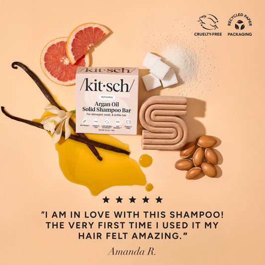 KITSCH Repairing Argan Oil Shampoo Bar — 5-star customer review graphic — Packed with antioxidant-rich argan oil to help boost moisture without weighing it down — free of parabens, phthalates, silicones and sulfates