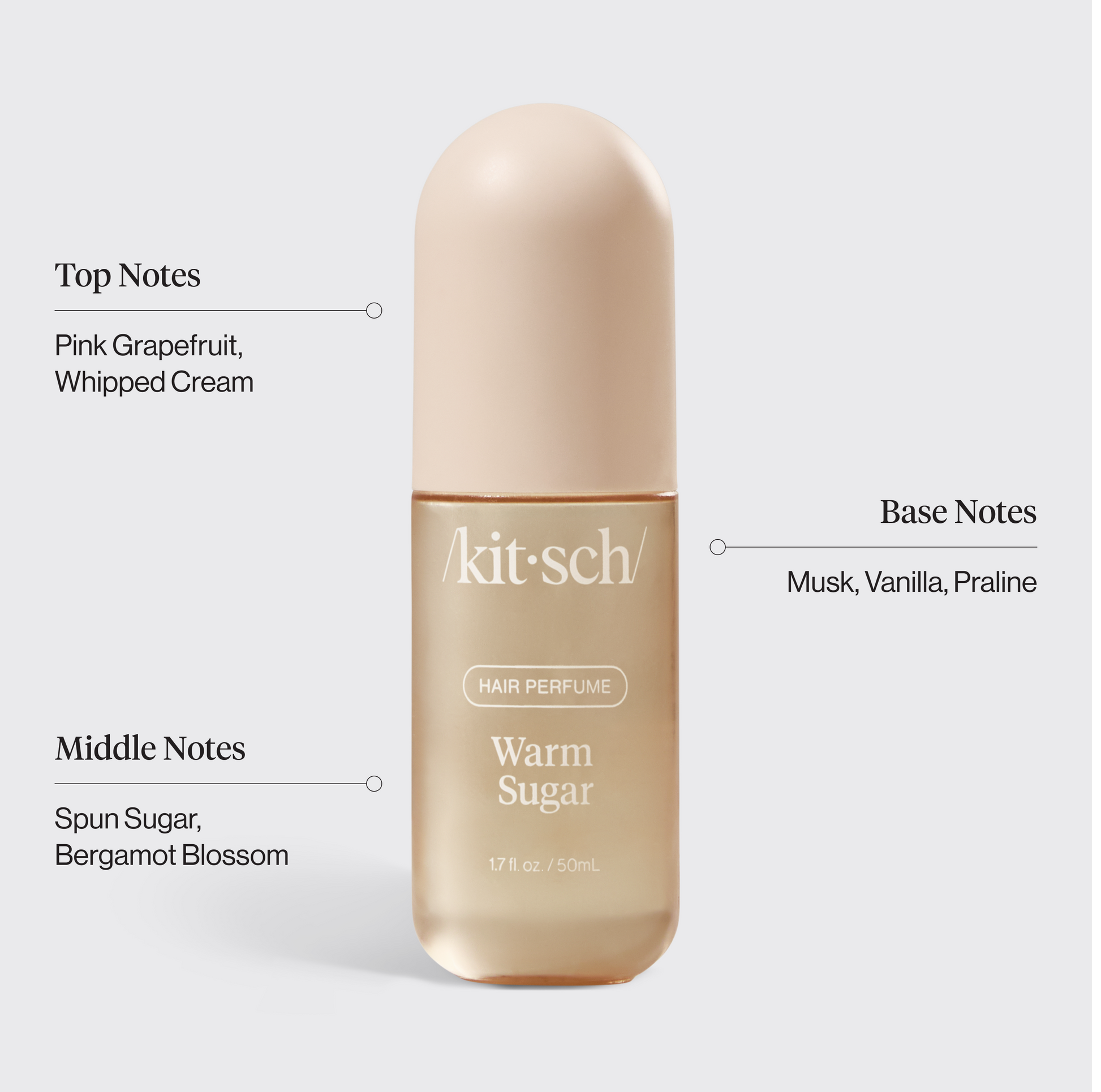 KITSCH Warm Sugar Hair Perfume scent notes infographic — top, middle, and base fragrance notes