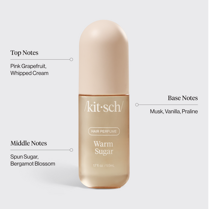 KITSCH Warm Sugar Hair Perfume scent notes infographic — top, middle, and base fragrance notes