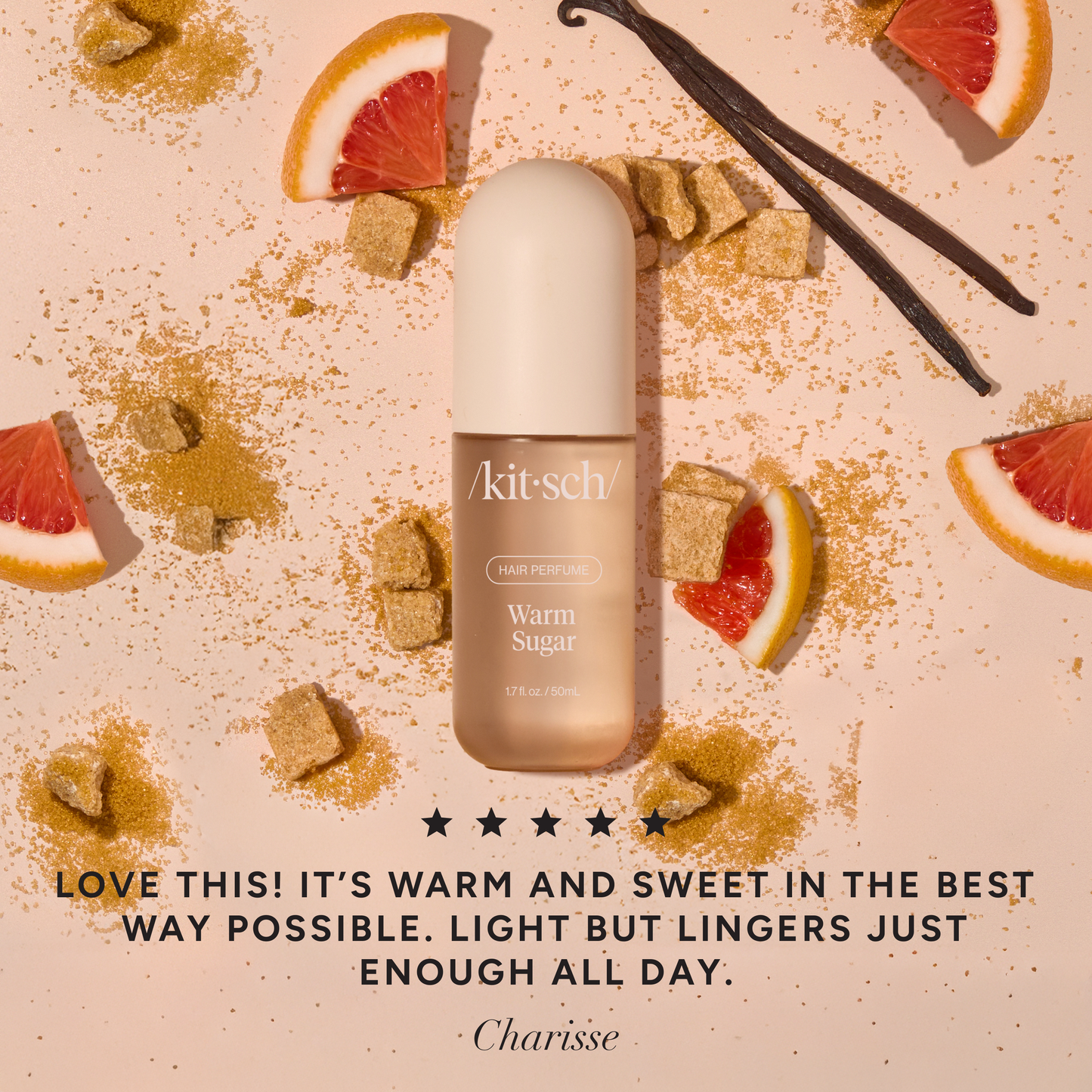 KITSCH Warm Sugar Hair Perfume — 5-star review image with grapefruit and vanilla styling on pink background