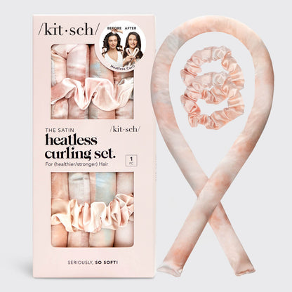 KITSCH Satin Heatless Curling Set in Sunset Tie Dye — hero shot — heat-free waves and curls overnight
