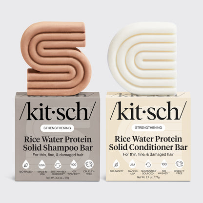 Kitsch Rice Water Shampoo and Conditioner Bar Combo for Hair Growth - bio-based solid shampoo and conditioner bars side by side with packaging. Formulated with Rice Tein NPNF, clinically proven to increase hair volume by 20% after 5 washes. For thin, fine, and damaged hair. Made in USA, cruelty-free, 100 washes each, 3.2 oz / 91g.