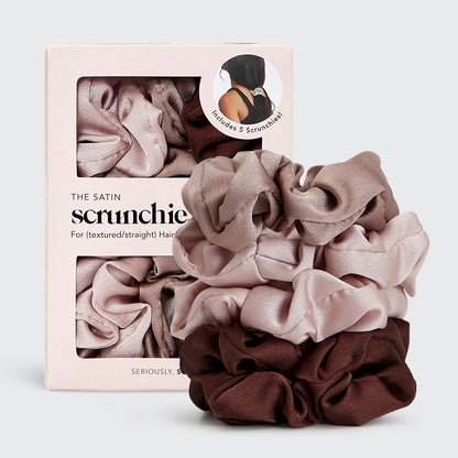 KITSCH Cameo Satin Sleep Scrunchies 5pc Set — hero product shot — 5-piece set of satin sleep scrunchies in soft cameo pink tones — silky satin won't crimp hair while you sleep