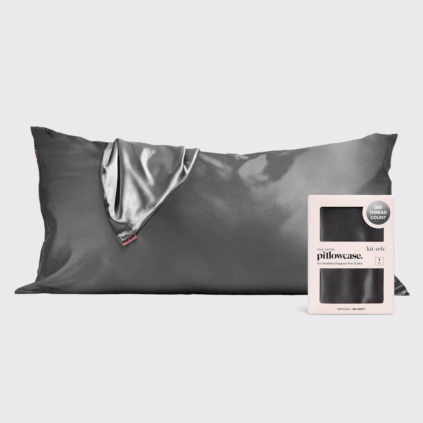 KITSCH Charcoal King Satin Pillowcase — hero shot — smooth charcoal satin in king size