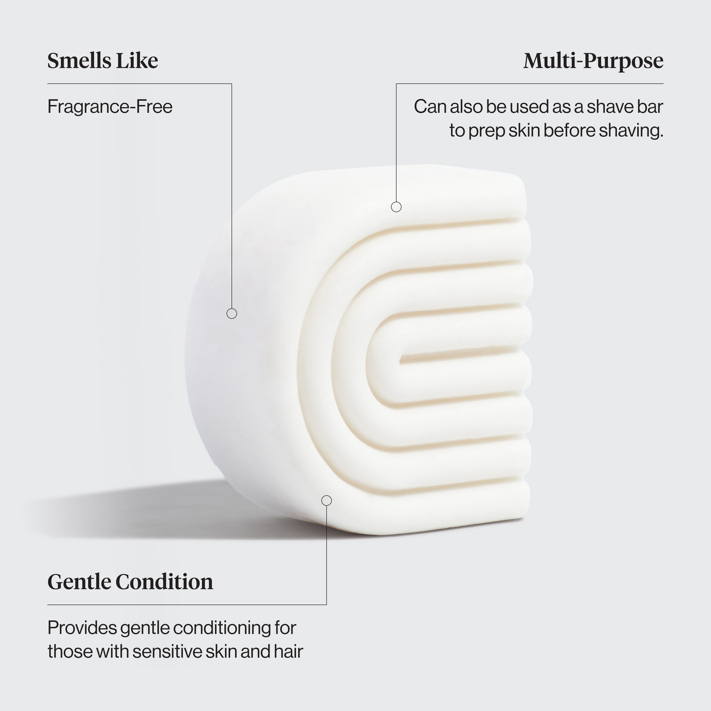 kltsch ultra sensitive conditioner and shave bar with text describing its features on a light gray background. Features include: smells like - fragrance-free, multi-purpose - can be used as a shave bar to prep skin before shaving, and gentle condition - provides gentle conditioning for those with sensitive skin and hair