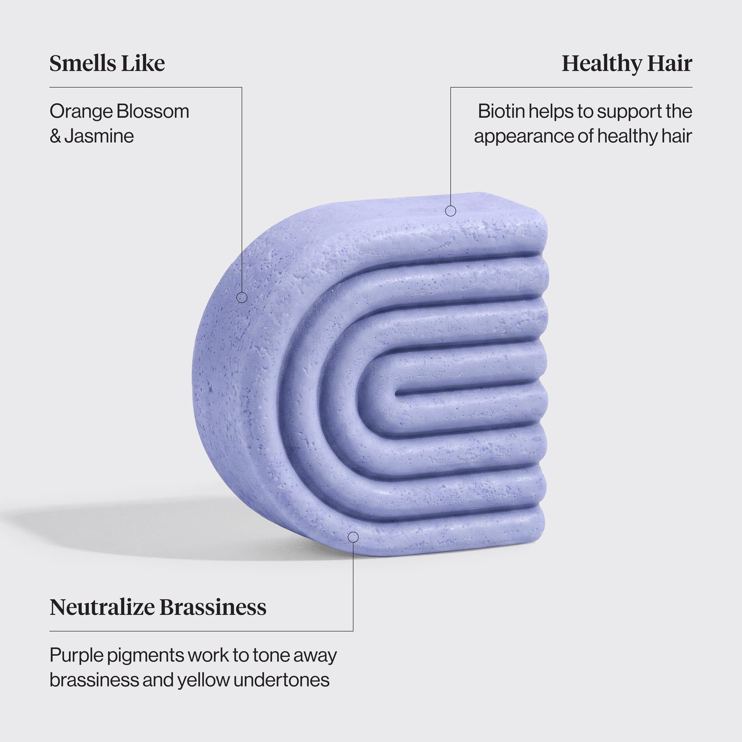 Kitsch Purple Toning + Biotin Solid Conditioner Bar highlighting orange blossom scent, jasmine, biotin, and purple toning pigments.