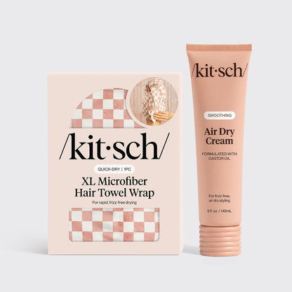KITSCH The Air Dry Duo — hero product shot — Pairs Smoothing Air Dry Cream with XL Quick-Dry Hair Towel Wrap — cuts drying time, locks down frizz, and leaves your hair looking effortlessly styled without heat