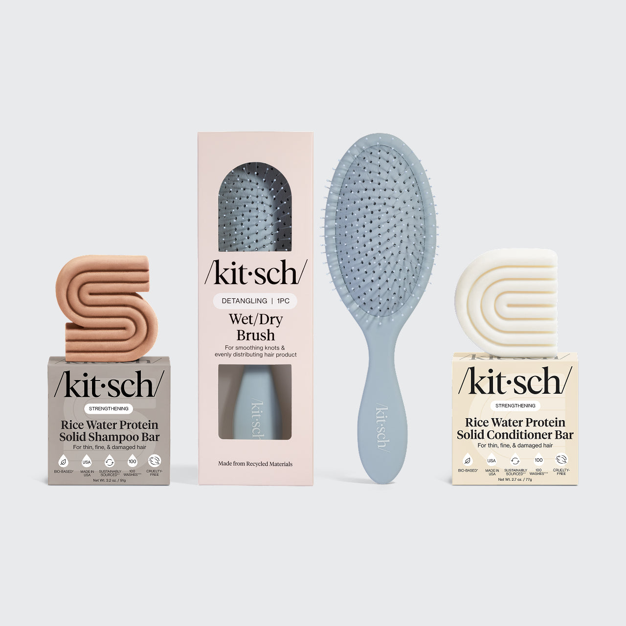 KITSCH Build Your Own Shampoo & Conditioner Bundle — lifestyle product shot — shampoo and conditioner bars displayed with Wet/Dry Brush — Leaping Bunny cruelty-free certified