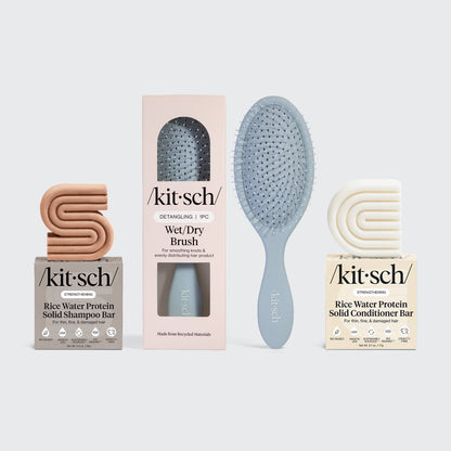 KITSCH Build Your Own Shampoo & Conditioner Bundle — lifestyle product shot — shampoo and conditioner bars displayed with Wet/Dry Brush — Leaping Bunny cruelty-free certified