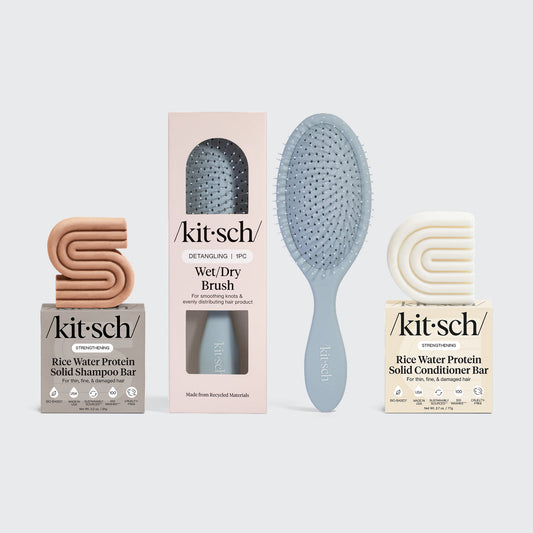 KITSCH Build Your Own Shampoo & Conditioner Bundle — lifestyle product shot — shampoo and conditioner bars displayed with Wet/Dry Brush — Leaping Bunny cruelty-free certified