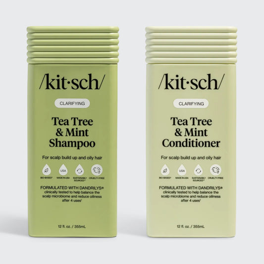 Two bottles of Kitsch Tea Tree & Mint Shampoo and Conditioner on a white background