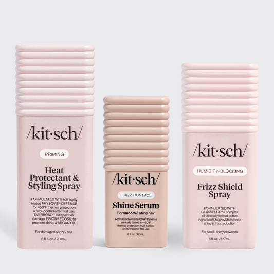 KITSCH Curl-to-Straight Frizz Control Bundle — product flat lay — Frizz Shield Spray, Heat Protectant Styling Mist, and Glass Hair Shine Serum — complete frizz control system for curly to straight styling