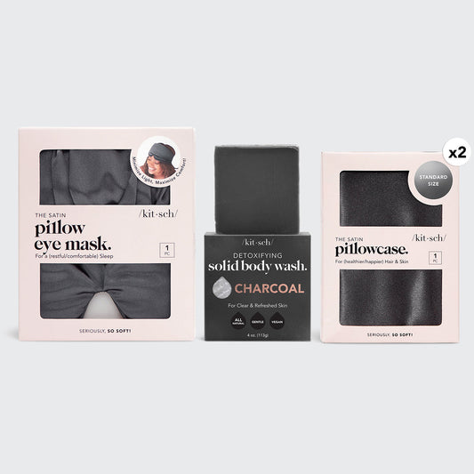 KITSCH For Him Night & Day Care Kit — hero shot — charcoal pillowcase, eye mask, and body wash bar together