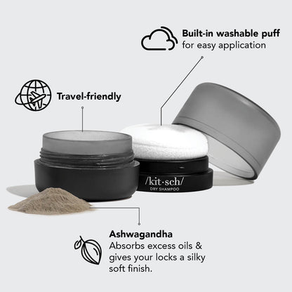 KITSCH Dark Volumizing Rice Protein Dry Shampoo with Puff — ingredient-focused detail shot — Enriched with rice protein, niacinamide & ashwagandha — formula created without talc or benzene, no white cast, no added fragrance