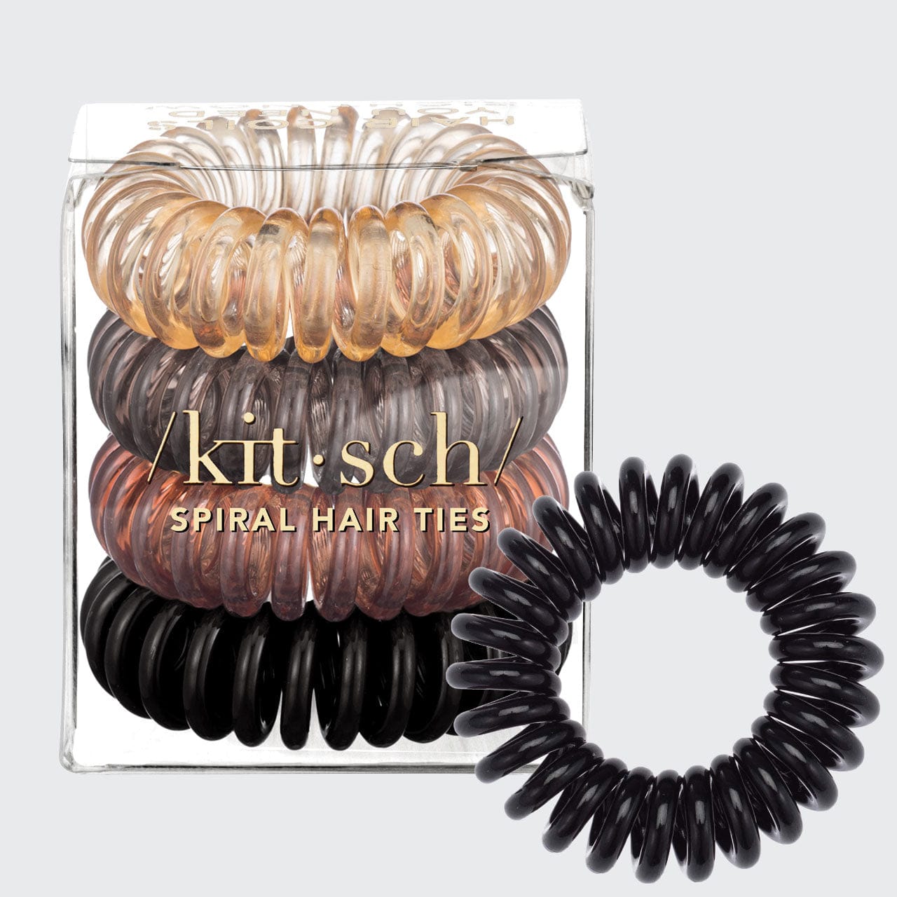 KITSCH Hair Coils Brunette 4-pack — flat lay — telephone-cord coils in assorted brown hues — kink-free hold for every hair type