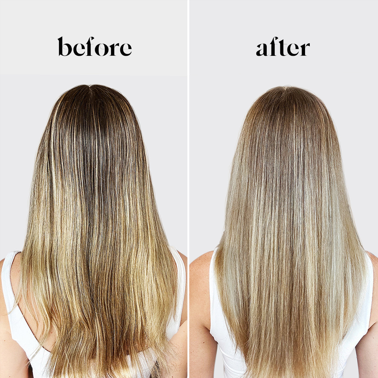 Before and after: straight blonde hair transformation using KITSCH Purple Toning + Biotin Solid Shampoo & Conditioner Bar Combo — before shows brassy, warm-toned blonde hair; after shows cooler, neutralized blonde with reduced yellow undertones for color-treated and highlighted hair