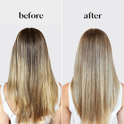 Before and after: straight blonde hair transformation using KITSCH Purple Toning + Biotin Solid Shampoo & Conditioner Bar Combo — before shows brassy, warm-toned blonde hair; after shows cooler, neutralized blonde with reduced yellow undertones for color-treated and highlighted hair