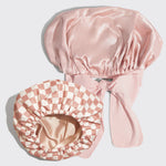 KITSCH Satin Lined Flexi Shower Cap + Blush Oversized Satin Bonnet Bundle — hero flat lay