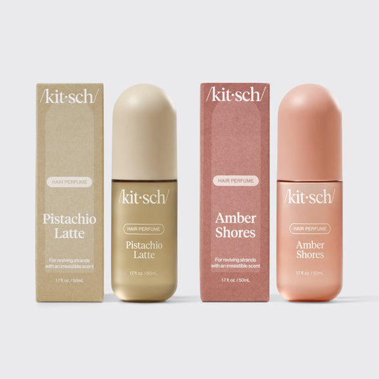 Kitsch Seaside Latte Duo – Pistachio Latte and Amber Shores hair perfumes paired on a warm neutral background