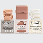 KITSCH Build Your Own FREE Travel Case Bundle — flat lay showing Rice Water shampoo and conditioner bars with terracotta travel case — eco-friendly solid bars eliminate plastic bottles — perfect TSA-approved travel hair care set