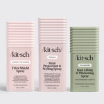KITSCH Volume Control Bundle — product flat lay — Root Lifting Spray, Humidity-Blocking Frizz Shield Spray, and Heat Protectant Styling Mist — three-product volumizing hair system