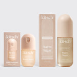 KITSCH Warm Sugar Hair & Body Mist + Mini Duo — full-size 1.7 fl oz bottle beside 20 mL travel mini on a soft pink background — sweet gourmand scent in two sizes