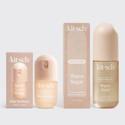 KITSCH Warm Sugar Hair & Body Mist + Mini Duo — full-size 1.7 fl oz bottle beside 20 mL travel mini on a soft pink background — sweet gourmand scent in two sizes