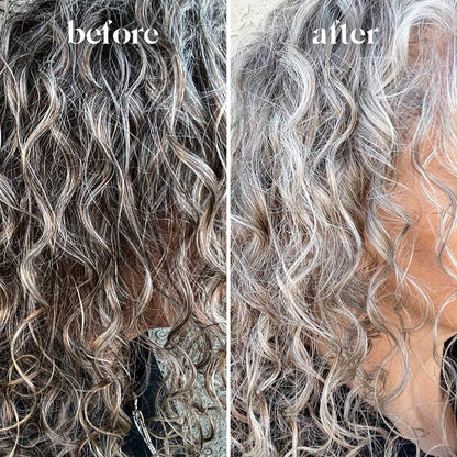 Before and after: curly hair color transformation using KITSCH Purple Toning + Biotin Solid Conditioner Bar — before shows brassy, warm-toned curls; after shows neutralized, cooler-toned curls with reduced brassiness for color-treated and grey hair